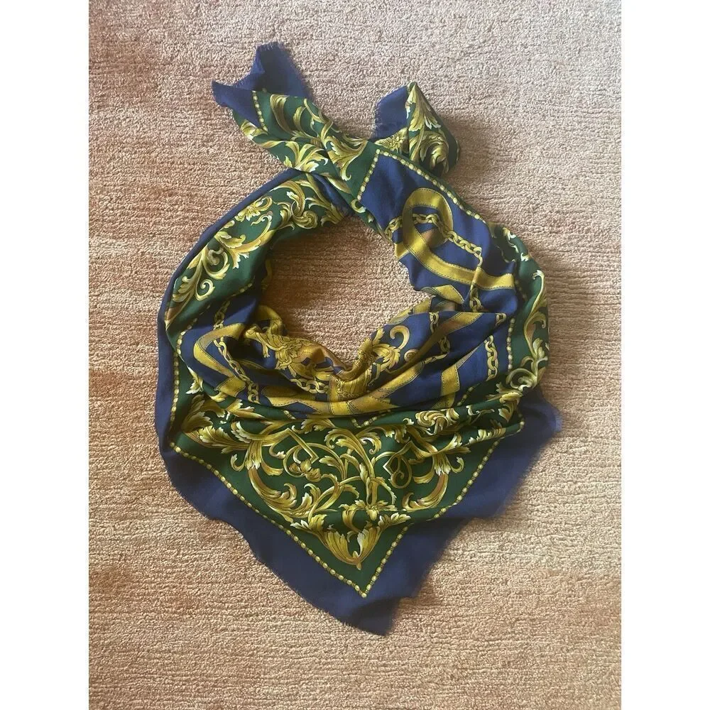 Vtg Italian Baroque Scarf Gold Chain Belt Print Square 47 inch Made in Italy